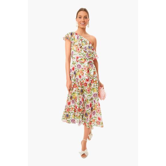 BORGO DE NOR Petra One Shoulder Ruffle Midi Linen Floral Dress Tuckernuck Small - Picture 1 of 15